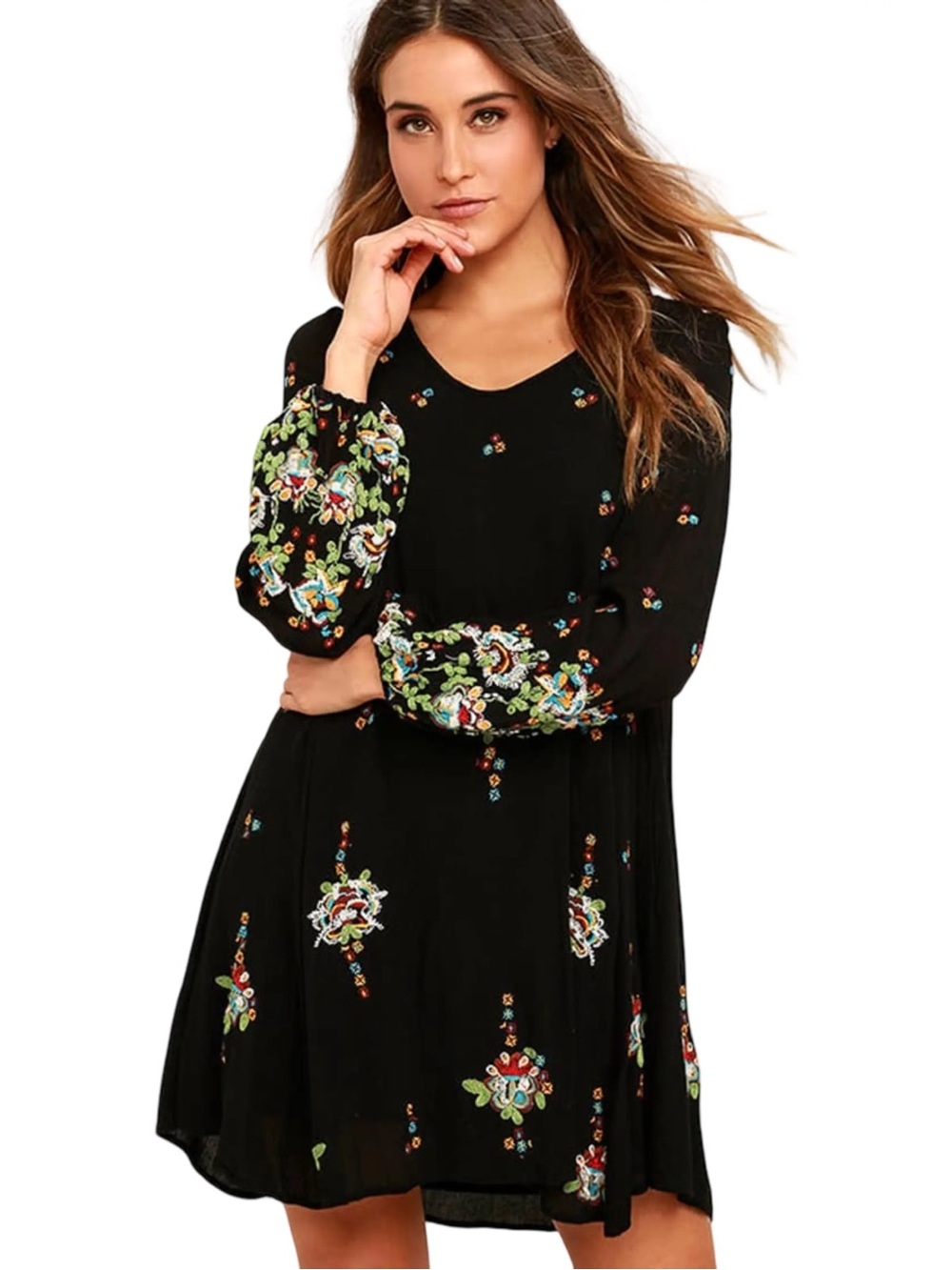 Free People Oxford Black Floral Embroidered Balloon Sleeve Mini Dress